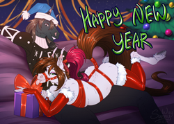 Size: 1600x1143 | Tagged: safe, artist:sunny way, derpibooru import, oc, oc:steven saidon, oc:sunny way, anthro, horse, unguligrade anthro, anthro horse, art, artwork, bondage, celebration, christmas, christmas tree, digital art, duo, exclusive, female, garland, happy, happy new year, happy new year 2025, harness, holiday, latex, licking, male, mare, new year, present, sexy, smiling, stallion, tongue, tongue out, tree