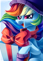 Size: 1240x1772 | Tagged: safe, artist:neonishe, derpibooru import, rainbow dash, pegasus, pony, g4, cerise eyes, clothes, cute, cyan coat, dashabetes, hat, looking at you, open mouth, open smile, present, rainbow dash is best pony, scarf, smiling, solo