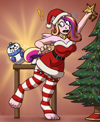 Size: 3800x4658 | Tagged: safe, artist:metallicumbrage, derpibooru import, part of a series, part of a set, princess cadance, alicorn, anthro, unguligrade anthro, g4, absurd resolution, bare shoulders, breasts, christmas, christmas tree, clothes, cookie, cookie jar, exclamation point, female, food, hat, holiday, human to anthro, human to pony, jewelry, male to female, necklace, oops, princess cansdance, reaching, rule 63, santa hat, socks, solo, species swap, stockings, stretching, striped socks, sweat, sweatdrops, tail, thigh highs, this will end in little crackly pieces, tight clothing, tiptoe, toes, transformation, transgender, transgender transformation, tree, wide eyes