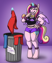 Size: 3800x4637 | Tagged: safe, artist:metallicumbrage, derpibooru import, part of a series, part of a set, princess cadance, alicorn, anthro, digitigrade anthro, unguligrade anthro, g4, absurd resolution, ankle cuffs, anklet, armpits, bare shoulders, belly, belly button, bipedal, blue jeans, blushing, boyshorts, breasts, clothes, cuffs, female, giggling, glowing, glowing horn, grin, hand on chin, hand on hip, horn, hot pants, human to anthro, human to pony, indoors, jewelry, lavender background, levitation, magic, magic aura, male to female, mesh, necklace, panties, princess cansdance, rule 63, shirt, short shirt, shorts, signature, simple background, smiling, solo, species swap, standing, sunglasses, sunglasses on head, t-shirt, telekinesis, thong, tiptoe, toes, transformation, transgender, transgender transformation, trash can, underwear, wrist cuffs