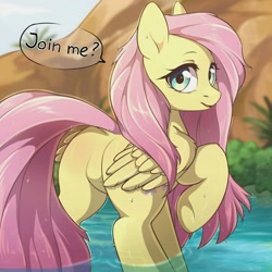 Size: 1280x1280 | Tagged: safe, alternate version, artist:fensu-san, derpibooru import, fluttershy, pegasus, pony, g4, bronybait, butt, cute, dock, featureless crotch, female, flutterbutt, looking at you, looking back, looking back at you, mare, outdoors, plot, raised hoof, raised leg, raised tail, sfw version, shyabetes, solo, speech bubble, tail, talking to viewer, water, wet, wet mane, wings