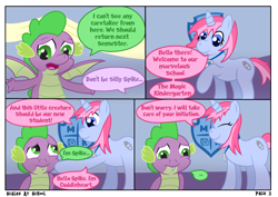 Size: 4960x3508 | Tagged: safe, artist:sweetielover, derpibooru import, spike, oc, dragon, pony, comic:scales at school, g4, comic, dialogue, female, indoors, male, school, spread wings, webcomic, wings