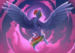 Size: 2287x1611 | Tagged: safe, artist:1nka, derpibooru import, rainbow dash, pegasus, pony, belly, chest fluff, cloud, ear fluff, ears, female, flying, large wings, mare, night, ribcage, smiling, solo, spread wings, wings