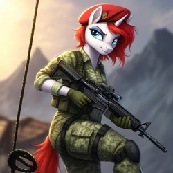 Size: 1024x1024 | Tagged: safe, ai content, derpibooru import, machine learning generated, oc, oc only, oc:britannia, anthro, unicorn, series:g.i. pony: a real equestrian hero, action force, assault rifle, beret, clothes, cosplay, costume, fatigues, female, g.i. joe, generator:google imagen 3.0, gloves, gun, hat, horn, military uniform, mountain, mountain range, prompter:zerowinger, rappelling, rifle, rope, skip, smiling, solo, uniform, weapon