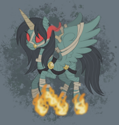 Size: 1456x1527 | Tagged: safe, artist:itoruna-the-platypus, derpibooru import, alicorn, pony, undead, bandage, bandaged horn, bandaged leg, blank eyes, bridle, concave belly, exposed bone, eye mist, female, fiery hooves, fire, glowing, glowing eyes, horn, mare, neopets, ponified, red eyes, slender, solo, species swap, spread wings, tack, thin, torn ear, wings