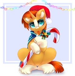 Size: 2468x2500 | Tagged: safe, artist:taiweiart, derpibooru import, sunburst, pony, unicorn, g4, candy, candy cane, christmas, cloak, clothes, coat markings, commission, cute, ear fluff, ears, facial hair, food, glasses, goatee, hat, high res, holiday, horn, male, santa hat, socks (coat marking), solo, stallion, sunbetes, sunburst's cloak, sunburst's glasses, unshorn fetlocks, ych result