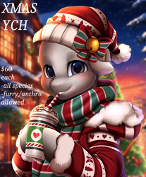 Size: 2571x3098 | Tagged: safe, artist:pridark, derpibooru import, oc, pony, blushing, bust, christmas, commission, cute, hat, holiday, looking at you, outdoors, portrait, santa hat, smiling, solo, starbucks, ych example, your character here