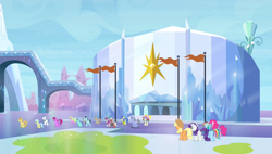 Size: 1266x720 | Tagged: safe, derpibooru import, screencap, applejack, beaude mane, berry punch, berryshine, blueberry curls, braeburn, bruce mane, bubblegum blossom, cherry berry, cultivar, daisy, flower wishes, fortune favors, orion, pinkie pie, rainbow dash, rarity, silver berry, earth pony, pegasus, pony, unicorn, g4, season 4, crystal stadium, equestria games, frosted grove, horn, my little pony: friendship is magic, shooting star (g4), silver scrollkeeper, stadium