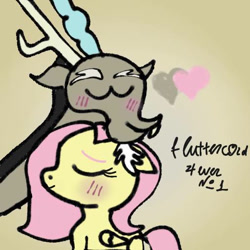 Size: 512x512 | Tagged: safe, artist:lia2024fluttercord, derpibooru import, discord, fluttershy, blushing, cute, discoshy, female, heart, male, shipping, signature, straight