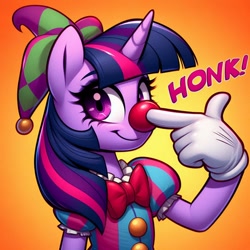 Size: 1024x1024 | Tagged: safe, ai content, derpibooru import, generator:bing image creator, generator:dall-e 3, machine learning generated, twilight sparkle, anthro, unicorn, g4, boop, bowtie, clothes, clown, clown nose, female, gloves, hat, honk, horn, mare, prompter:heydude5321, red nose, self-boop, solo