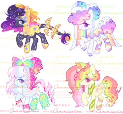 Size: 3004x2784 | Tagged: safe, artist:anno酱w, derpibooru import, oc, oc only, earth pony, original species, pony, unicorn, adoptable, base used, blue eyelashes, body markings, bow, bowtie, clothes, cloud, cloud mane, colored eyelashes, colored hooves, colored pupils, constellation freckles, eyelashes, eyeshadow, flower, flower in hair, flower in tail, fluffy leg warmers, food, freckles, hair bun, hooves, horn, leg markings, leg warmers, leonine tail, long tail, makeup, multicolored hair, obtrusive watermark, paw socks, paws, pigtails, pink pupils, ponytail, purple eyelashes, purple pupils, rainbow hair, raised hoof, raised leg, simple background, small wings, socks, space buns, sparkles, sparkly mane, sparkly tail, sprinkles, sprinkles in hair, sprinkles in mane, sprinkles in tail, stars, tail, tail wings, unshorn fetlocks, watermark, white background, wings