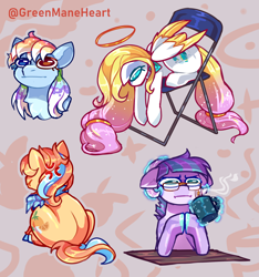 Size: 2352x2514 | Tagged: safe, artist:greenmaneheart, derpibooru import, oc, oc:angel light, oc:aquatic paint, oc:fruity orange, oc:starchaser, pegasus, pony, g4, :i, chair, chocolate, commission, drink, empathy cocoa, food, glowing, glowing horn, halo, hooves together, horn, hot chocolate, i mean i see, magic, signature, slouching, telekinesis, ych result