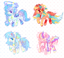 Size: 3256x2952 | Tagged: safe, artist:anno酱w, derpibooru import, oc, oc only, earth pony, pegasus, pony, unicorn, adoptable, base used, beach, blaze (coat marking), blonde eyelashes, blue eyelashes, blue pupils, bow, bowtie, braid, cloud, coat markings, colored eartips, colored eyelashes, colored hooves, colored pupils, colored wings, cyan eyes, cyan hooves, facial markings, floaty, flower, folded wings, freckles, group, hairclip, halo, hooves, horn, lavender hooves, leg markings, lidded eyes, multicolored hair, obtrusive watermark, petals, pigtails, pink eyes, pink pupils, planet, pool toy, purple eyelashes, purple pupils, quartet, rainbow, rainbow hair, raised hoof, raised leg, red eyelashes, red eyes, red hooves, red pupils, seashell, simple background, socks (coat marking), sparkles, sparkly mane, sparkly tail, starfish, stars, tail, watermark, white background, white hooves, wings, yellow eyelashes