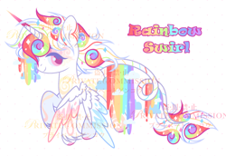 Size: 2014x1386 | Tagged: safe, artist:anno酱w, derpibooru import, oc, oc only, oc:rainbow swirl, alicorn, original species, pony, seraph, seraphicorn, adoptable, ambiguous gender, base used, body markings, cloud, colored eyelashes, colored hooves, colored horntip, colored pupils, colored wings, colored wingtips, eyelashes, eyeshadow, four wings, hooves, horn, japanese, leg markings, leonine tail, liquid rainbow, long horn, long tail, magenta pupils, makeup, multicolored hair, multicolored mane, multicolored tail, multiple wings, obtrusive watermark, pink eyes, pink hair, pink hooves, purple eyelashes, rainbow, rainbow hair, simple background, solo, sparkles, sparkly mane, sparkly tail, stars, striped tail, tail, text, unshorn fetlocks, watermark, white background, wings, wings down