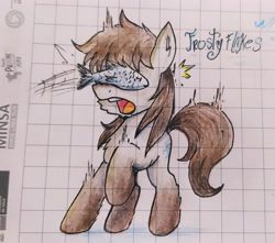 Size: 4096x3626 | Tagged: safe, artist:mirio_p2, derpibooru import, oc, oc only, oc:frosty flakes, fish, pony, fish slap, open mouth, snow, snowpony, snowpony (species), solo, taiga pony, traditional art, yakutian horse