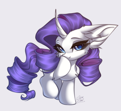 Size: 2247x2048 | Tagged: safe, artist:shinoshai, derpibooru import, rarity, pony, unicorn, g4, blue eyes, cheek fluff, chest fluff, chibi, curved horn, ear fluff, ears, female, full body, gray background, hoof over mouth, horn, mare, purple mane, purple tail, raised hoof, raised leg, signature, simple background, smiling, solo, tail, white coat