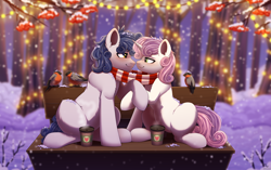 Size: 4480x2808 | Tagged: safe, artist:dinoalpaka, derpibooru import, sweetie belle, oc, bird, earth pony, pony, unicorn, g4, canon x oc, clothes, coffee cup, coffee mug, cup, duo, duo male and female, eye contact, female, holding hooves, horn, looking at each other, looking into each others eyes, male, mare, mug, older, older sweetie belle, outdoors, scarf, shared clothing, shared scarf, shipping, snow, stallion, straight, striped scarf, winter