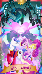 Size: 4500x7886 | Tagged: safe, artist:frijolito darketo, derpibooru import, princess cadance, queen chrysalis, shining armor, alicorn, changeling, pony, unicorn, a canterlot wedding, g4, season 2, black vine, eyes closed, female, horn, horns are touching, lovers, male, mare, my little pony: friendship is magic, shiningcadance, shipping, stallion, straight, tarot, tarot card