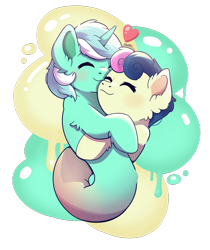 Size: 2400x2858 | Tagged: safe, artist:morrigun, derpibooru import, bon bon, lyra heartstrings, sweetie drops, pony, unicorn, do princesses dream of magic sheep, g4, cuddling, cute, eyes closed, female, floating heart, fusion, heart, horn, hug, lesbian, lyrabon, lyrabon (fusion), my little pony: friendship is magic, paint splatter, pushmi-pullyu, shipping, signature