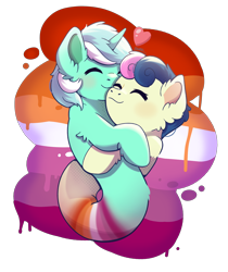 Size: 2400x2858 | Tagged: safe, alternate version, artist:morrigun, derpibooru import, bon bon, lyra heartstrings, sweetie drops, pony, unicorn, do princesses dream of magic sheep, g4, cuddling, cute, eyes closed, female, fusion, heart, horn, hug, lesbian, lesbian pride flag, lyrabon, lyrabon (fusion), my little pony: friendship is magic, pride, pride flag, pushmi-pullyu, shipping, signature