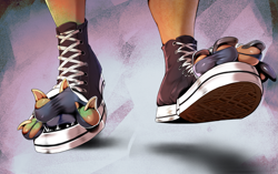 Size: 1469x920 | Tagged: safe, artist:quimera-art, derpibooru import, discord, draconequus, human, clothes, converse, feet, human to draconequus, shoes, socks, solo, torn clothes, transformation, transformation sequence