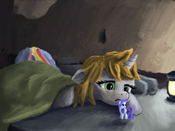 Size: 1890x1417 | Tagged: artist needed, source needed, safe, derpibooru import, rarity, oc, oc:littlepip, oc:velvet remedy, pony, unicorn, fallout equestria, g4, blanket, brown mane, female, figure, figurine, gray coat, green eyes, horn, lamp, lighting, looking at something, mare, shading, two toned mane, white coat