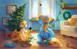 Size: 2892x1852 | Tagged: safe, artist:ivvi, derpibooru import, oc, oc only, oc:beaky, oc:brave blossom, griffon, pegasus, pony, fanfic:yellow feathers, book, christmas, duo, feather, female, griffon oc, high res, holiday, indoors, kite, male, mother and child, mother and son, painting, parent and child, pegasus oc