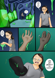 Size: 1618x2277 | Tagged: safe, artist:tf-plaza, derpibooru import, changeling, human, changeling hive, changeling slime, comic, human to changeling, speech bubble, transformation, transformation sequence