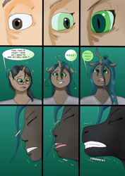 Size: 1614x2283 | Tagged: safe, artist:tf-plaza, derpibooru import, queen chrysalis, changeling, changeling queen, human, g4, comic, glasses, human to changeling, speech bubble, transformation, transformation sequence