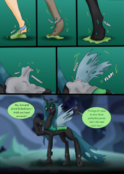 Size: 1618x2277 | Tagged: safe, artist:tf-plaza, derpibooru import, queen chrysalis, changeling, changeling queen, human, g4, clothes, comic, female, human female, human to changeling, mental shift, ripping clothes, speech bubble, transformation, transformation sequence