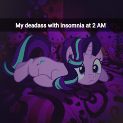 Size: 2048x2048 | Tagged: safe, artist:jhayarr23, artist:trrrebleee, derpibooru import, edit, starlight glimmer, pony, unicorn, g4, bedroom, caption, hello kitty, horn, insomnia, lying down, meme, real life background, sanrio, snapchat, text, vector, vector edit