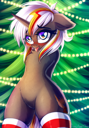 Size: 2624x3797 | Tagged: safe, alternate version, artist:chaosangeldesu, derpibooru import, oc, oc only, oc:velvet remedy, pony, unicorn, fallout equestria, :p, belly, bipedal, blushing, cheek fluff, chest fluff, christmas, christmas lights, christmas tree, clothes, commission, cute, ear fluff, ears, featureless crotch, female, floppy ears, holiday, hooves behind back, horn, mare, ocbetes, socks, solo, string lights, striped socks, tongue, tongue out, tree, unicorn oc, ych result