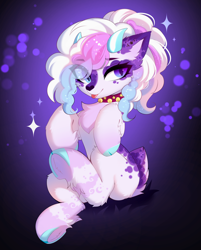 Size: 3498x4346 | Tagged: safe, artist:empress-twilight, derpibooru import, oc, oc only, oc:lullaby, earth pony, pony, blaze (coat marking), blue hooves, cheek fluff, chest fluff, cloven hooves, coat markings, collar, colored chest fluff, colored ears, colored eartips, colored eyebrows, colored hooves, colored horns, colored nose, colored pupils, commission, countershading, curved horns, deer tail, ear fluff, ear markings, ear piercing, earring, ears, earth pony oc, eye clipping through hair, eye markings, eyebrows, eyebrows visible through hair, eyelashes, facial markings, female, female oc, fluffy tail, gradient background, gradient eyes, high res, hock fluff, hooves, horns, jewelry, jingle bells, leg fluff, leg markings, leg stripes, lidded eyes, looking back, mare, mare oc, multicolored hair, multicolored mane, piercing, ponytail, purple pupils, raised hooves, raised leg, shiny hair, shiny hooves, shiny horns, shiny mane, sitting, slit eyes, small horns, smiling, solo, sparkles, sparkly mane, sparkly tail, stripes, tail, tail fluff, tail markings, thick eyelashes, three quarter view, tied hair, tied mane, tongue, tongue out, two toned eyes, underhoof, white coat, white fur, ych result