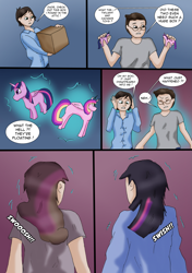 Size: 1609x2290 | Tagged: safe, artist:tf-plaza, derpibooru import, princess cadance, twilight sparkle, twilight sparkle (alicorn), alicorn, human, pony, g4, comic, dialogue, duo, figurine, human to anthro, species swap, speech bubble, transformation, transformation sequence, transgender transformation