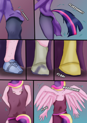 Size: 1614x2283 | Tagged: safe, artist:tf-plaza, derpibooru import, princess cadance, twilight sparkle, anthro, human, unguligrade anthro, g4, clothes, comic, duo, female, human to anthro, species swap, spread wings, tail, transformation, transformation sequence, transforming clothes, transgender transformation, wings