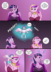 Size: 1608x2292 | Tagged: safe, artist:tf-plaza, derpibooru import, princess cadance, princess flurry heart, twilight sparkle, twilight sparkle (alicorn), alicorn, anthro, g4, breasts, cleavage, clothes, comic, dialogue, female, human to anthro, implied shining armor, lingerie, mental shift, species swap, speech bubble, transformation, transformation sequence, transgender transformation