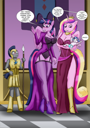 Size: 1613x2284 | Tagged: safe, artist:tf-plaza, derpibooru import, princess cadance, princess flurry heart, twilight sparkle, twilight sparkle (alicorn), alicorn, anthro, unguligrade anthro, g4, amazon, blushing, breasts, cleavage, clothes, comic, dialogue, dress, female, garter belt, human to anthro, lingerie, post-transformation, royal guard, size difference, species swap, speech bubble, stockings, thigh highs, transformation