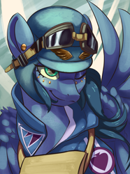 Size: 2340x3150 | Tagged: safe, artist:fly over, derpibooru import, oc, pegasus, pony, equestria at war mod, bust, clothes, female, goggles, goggles on head, helmet, mare, one eye closed, pegasus oc, pilot, portrait, smiling, uniform