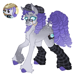 Size: 1000x1000 | Tagged: safe, artist:kazmuun, derpibooru import, snappy scoop, earth pony, pony, series:kazmuun's drawing every pony, g4, alternate design, alternate eye color, alternate hairstyle, alternate tailstyle, beret, blue eyelashes, blue eyes, butt fluff, chest fluff, clothes, colored, colored hooves, colored lineart, curly hair, curly mane, curly tail, ear markings, eyelashes, facial markings, fetlock tuft, flat colors, glasses, glasses chain, gradient ears, gradient legs, gradient mane, gradient tail, gray coat, hat, heart, heart eyes, hock fluff, hooves, leg markings, leg warmers, leonine tail, long legs, looking away, purple hooves, purple mane, purple tail, raised hoof, raised leg, redesign, reference used, ringlets, signature, simple background, smiling, solo, speckled, square glasses, standing, standing on three hooves, tail, three quarter view, transparent background, white pupils, white text, wingding eyes