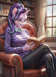 Size: 1280x1760 | Tagged: safe, ai content, derpibooru import, machine learning generated, starlight glimmer, anthro, g4, armchair, book, chair, clothes, female, pants, prompter:ilham470, reading, solo, sweater