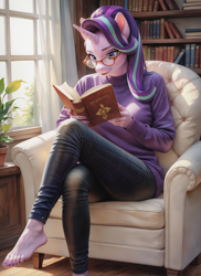 Size: 1280x1760 | Tagged: safe, ai content, derpibooru import, machine learning generated, starlight glimmer, anthro, plantigrade anthro, g4, armchair, book, chair, clothes, pants, prompter:ilham470, reading, sitting, solo, sweater