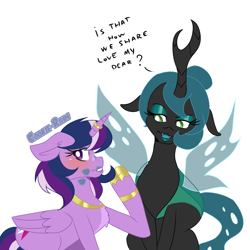 Size: 2997x2997 | Tagged: safe, artist:cookie-ruby, derpibooru import, queen chrysalis, twilight sparkle, twilight sparkle (alicorn), alicorn, changeling, changeling queen, pony, g4, alternate universe, female, lesbian, ship:twisalis, shipping