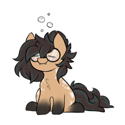 Size: 512x512 | Tagged: safe, artist:_candypone_, derpibooru import, oc, oc only, oc:nixie tube, bat pony, earth pony, hybrid, bubble, coat markings, dappled, drunk, eyes closed, fangs, flushed face, glasses, simple background, sitting, smiling, socks (coat marking), solo, transparent background, wingless, wingless bat pony