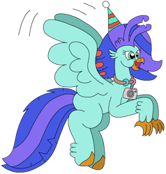 Size: 1984x2084 | Tagged: safe, artist:supahdonarudo, derpibooru import, oc, oc:sea lilly, classical hippogriff, hippogriff, birthday, camera, flying, hat, jewelry, necklace, party hat, simple background, transparent background