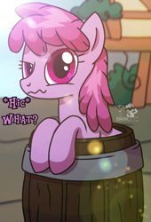 Size: 1761x2586 | Tagged: safe, artist:yourboimario, derpibooru import, berry punch, berryshine, earth pony, pony, g4, alcohol, barrel, cider, drink, drunk, female, looking at you, mare, pony in a barrel, talking to viewer