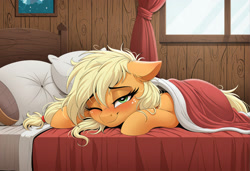 Size: 2104x1440 | Tagged: safe, ai content, derpibooru import, machine learning generated, applejack, earth pony, pony, g4, bed, blanket, blushing, female, generator:zoinksnoob, indoors, mare, messy mane, on bed, one eye closed, pillow, prompter:siber, solo, waking up, window