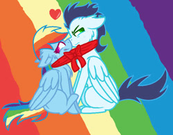 Size: 413x324 | Tagged: safe, artist:sun-strikee, derpibooru import, rainbow dash, soarin', pegasus, pony, clothes, female, male, mare, scarf, shared clothing, shared scarf, shipping, soarindash, stallion, straight