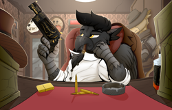 Size: 6950x4480 | Tagged: safe, artist:tinnitus, derpibooru import, oc, oc only, oc:nail falcon, oc:yellow night, griffon, fallout equestria, fallout equestria: parallelism, alcohol, armchair, armor, ashtray, bullet, chair, cigar, closet, clothes, gun, handgun, hat, indoors, lighter, male, revolver, room, table, weapon, whiskey