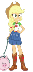 Size: 1800x3920 | Tagged: safe, derpibooru import, edit, edited screencap, editor:cutler1228, screencap, applejack, human, pig, equestria girls, g4, applejack's hat, clothes, cowboy hat, female, hat, leash, not a vector, simple background, transparent background