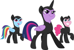 Size: 3977x2651 | Tagged: safe, artist:stephen-fisher, derpibooru import, pinkie pie, rainbow dash, twilight sparkle, alicorn, earth pony, pegasus, pony, g4, female, mare, movie accurate, simple background, spy suit, transparent background, trio, trio female, vector